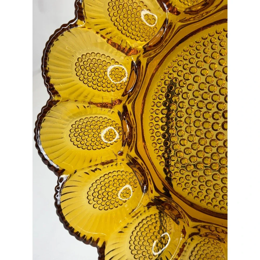 VTG Indiana Glass Tiara Hobnail Amber Deviled Egg Plate Scalloped 15 Slot 11